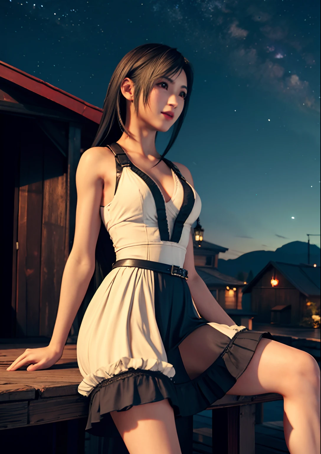 Tifa Lockhart, estilo mksks, (fondo muy detallado:1.0), (fondo muy detallado:1.0), Remake de Final Fantasy VII, (ojos rojos), 1 chica en, solo, hombros descubiertos, Vestido aguamarina, pelo negro, vestido verde, Sin mangas dress , vestido de verano, Duan, pelo largo, Noche, cielo nocturno, boca abierta, Al aire libre, cola de caballo, Sesión, skyporno, Sin mangas, Sin mangas dress, estrella (skyporno), estrellary sky, ciudad, envejecido, senos pequeños, ((volantes blancos)), (vestido blanco),