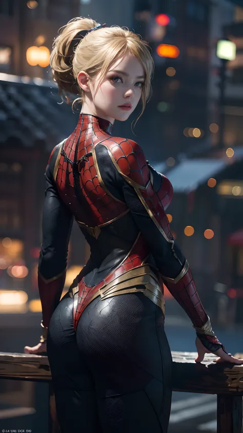 1girl, Emma Stone as spiderman (from marvel studios), look at viewer, (masterpiece, best quality, detailed skin texture, detailed cloth texture, beautiful detailed face, intricate details, ultra detailed),  Ponytail, blonde hair, on the roof, back pose, (r...