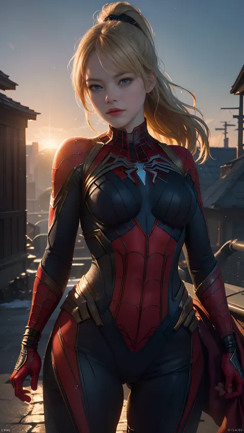 1girl, Emma Stone as spiderman (from marvel studios),  look at viewer, (masterpiece, best quality, detailed skin texture, detailed cloth texture, beautiful detailed face, intricate details, ultra detailed),  Ponytail, blonde hair, (Random pose), (Random an...