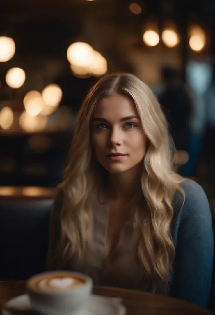 8k, UHD, Highres, masterpiece, award winning, High detailed raw color of 15 year old girl blonde streaked hair , blue eyes, sitting in a restaurant, drink coffee, people, lights, professional lighting,  Sony FE GM, 85mm, f/2.8, Ultra-Wide Angle, perspectiv...