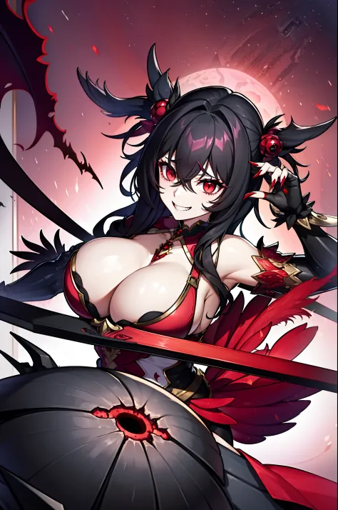 Woman,cleavage,big breasts,messy black hair,demonic looking,thin red eyes ,grin,corrupted,black,pink and red outfit,crow,claws