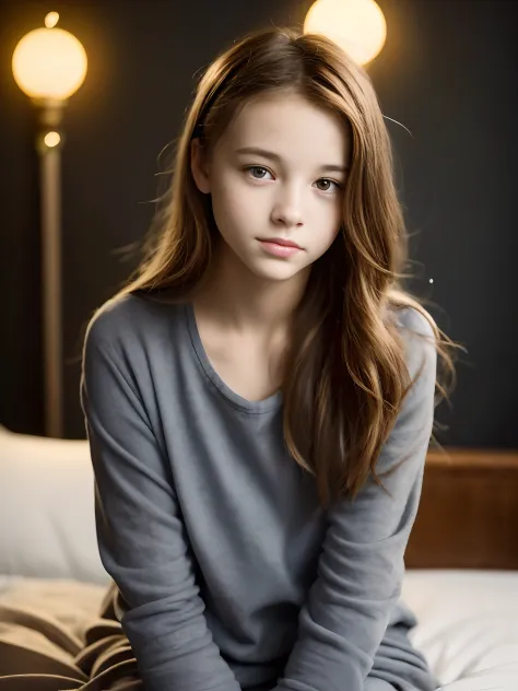 Portrait of petite teenager with cute beautiful perfect face in 14 years old、She's happy and、Very beautiful Russians、verdant、in bed、(Dark Private Studies、Dark and gloomy light:1.2)