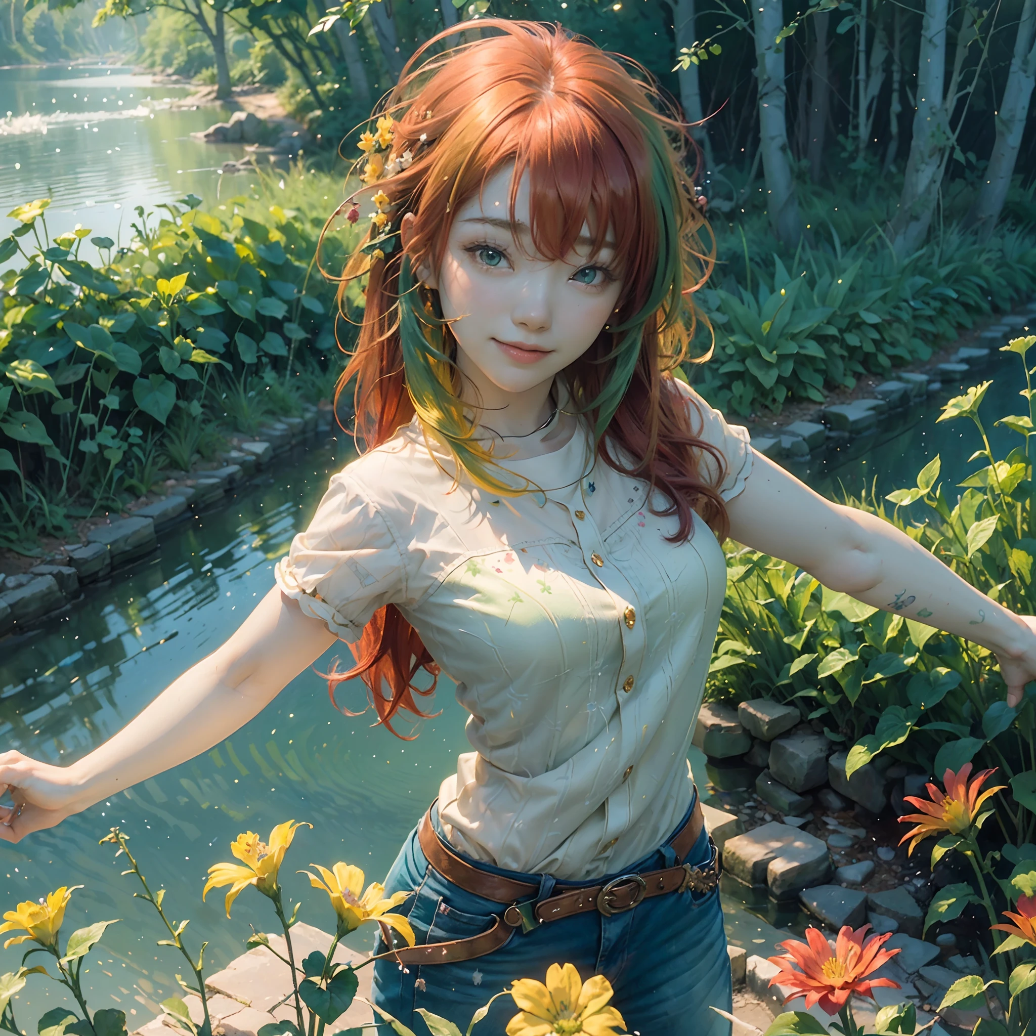 (extremely detailed CG unity 8k wallpaper, masterpiece, best quality, ultra-detailed), (best illumination, an extremely delicate and beautiful), floating, beautiful fantasy world, cute girl with a beautiful face, standing, smiling beautifully, looking at you with black eyes, (1girl), detailed hair with delicate lines, (multicolored_hair+red hair+yellow hair:1.3+green hair:1.3), around her are shining flowers, sparkling water drops, and beautiful scenery, (wide shot, great light and shadow contrast), (watercolor+oil painting), (depth of field+Volumetric Light), can explore this beautiful world with the cute girl.