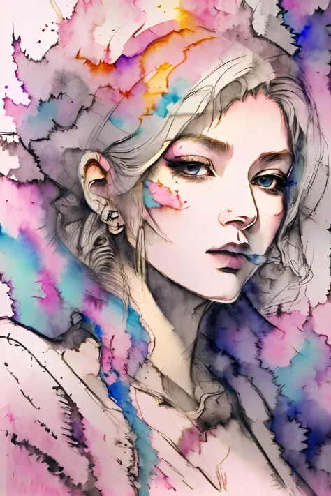 1girl, Final fantasy, smokes, amano yoshitaka, (pencil drawing and watercolor painting:1) abstract, details, masterpiece, best q...