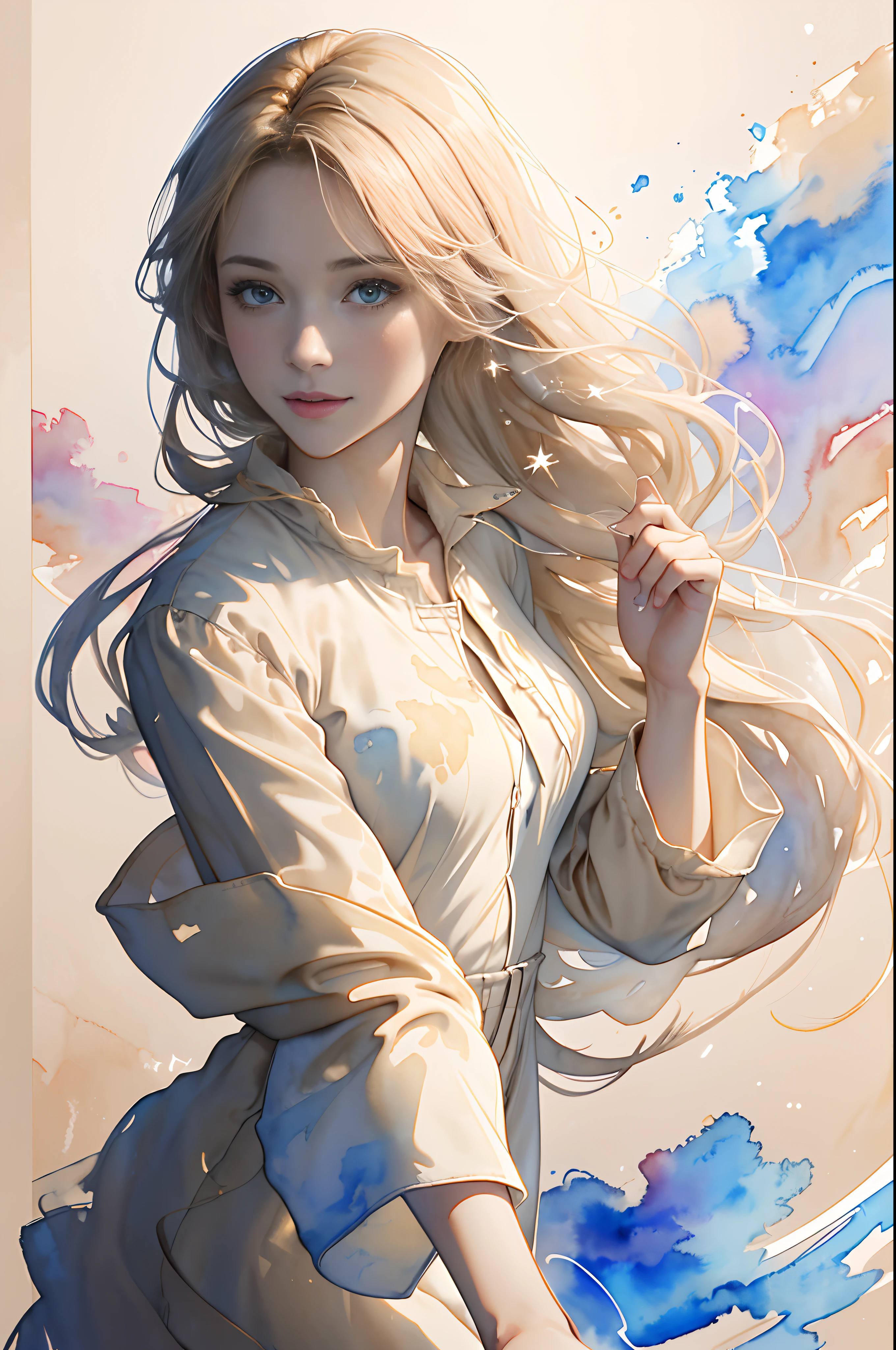 8K,​masterpiece,top-quality, (From the top:1.6) ,(close up:1.1),Dynamic Pose,30-year-old woman with,Portrait, light, Long hair, ssmile, watercolor paiting \(Medium\),watercolor paiting,(A plain beige long-sleeved dress that adheres to the body:1.3)