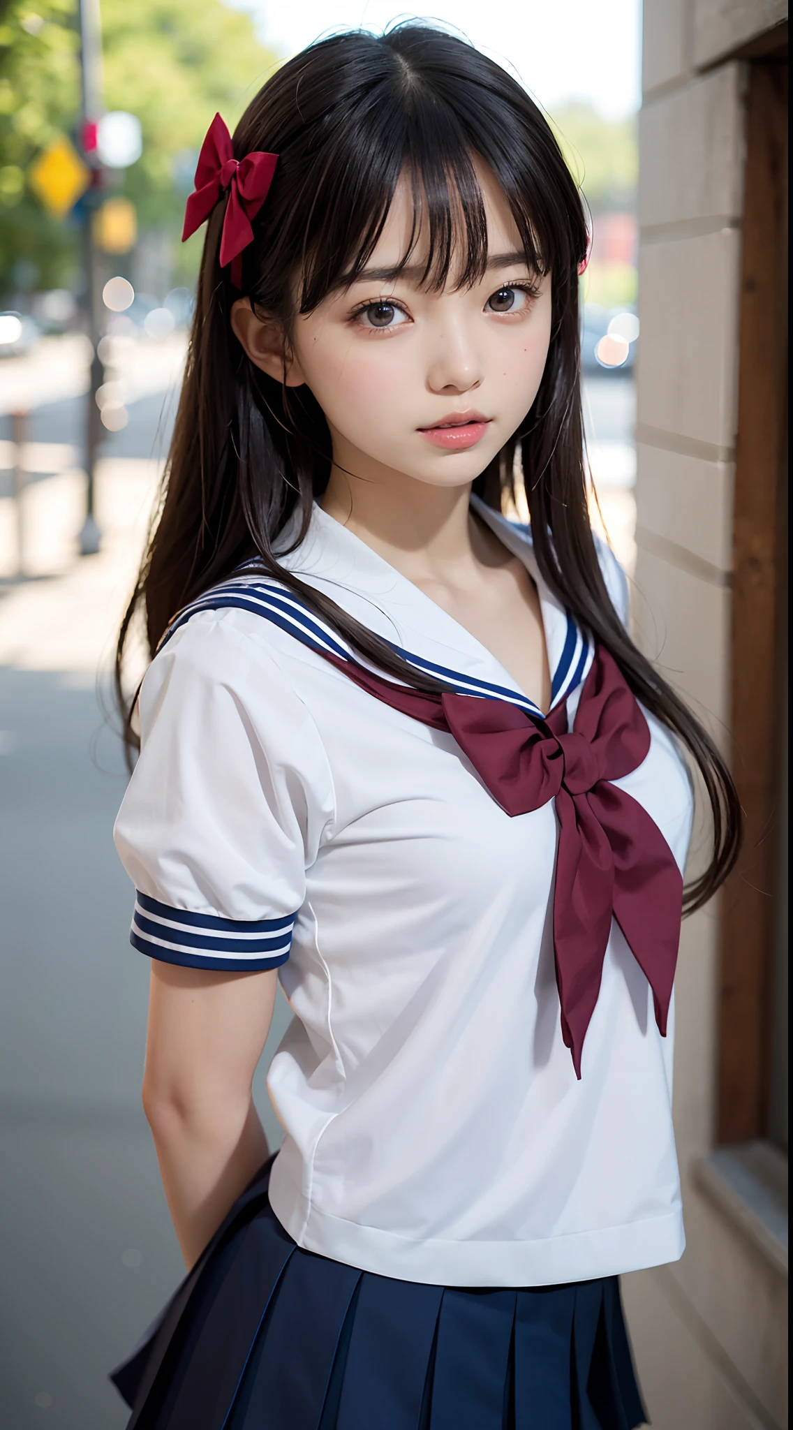 (masutepiece, Best Quality:1.2), 8K, Official art, Raw photo, unbelievable Ridiculous, (Upper body, Sailor Uniform, serafuku:1.4), Beautiful Girl, Pretty Face, arching back down, Navy pleated skirt, close up, School uniform, Short sleeve, gardenia, violaceaess, Teen, Street, Looking at Viewer, Film grain, chromatic abberation, Sharp Focus, face lights, Dynamic lighting, Cinematic lighting, Eyes and faces with detailed, Bokeh background, (1 dark red bow tie:1.2)