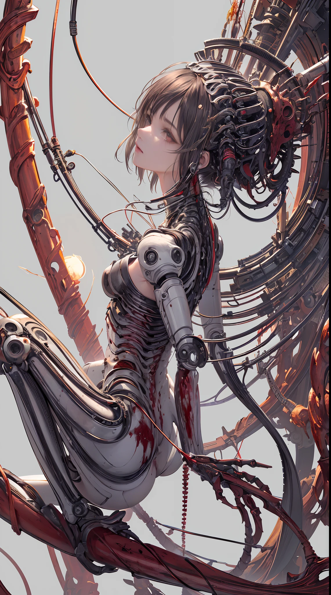 (masterpiece, top quality, best quality, official art, beautiful and aesthetic:1.2), (1girl:1.3), extreme detailed,colorful,highest detailed ((ultra-detailed)), (highly detailed CG illustration), ((an extremely delicate and beautiful)),(from side),cinematic light,((1mechanical girl)),solo,full body,(machine made joints:1.2),((machanical limbs)),(blood vessels connected to tubes),(mechanical vertebra attaching to back),((mechanical cervial attaching to neck)),(sitting),expressionless,(wires and cables attaching to neck:1.2),(wires and cables on head:1.2)(character focus),science fiction,white background,(blood:1.5)