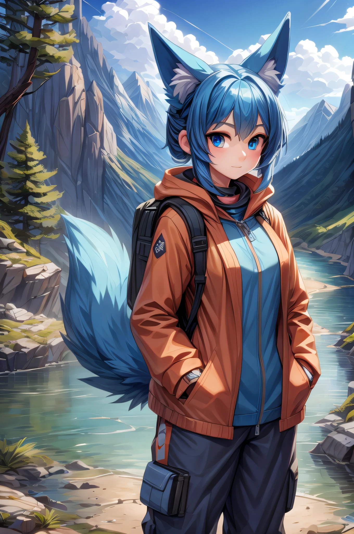 (Masterpiece) (High Detail) (High Res) A short petite humanoid girl with pale human skin and blue eyes and long blue hair and blue dog ears and a fluffy dog tail is stood outside by a river, with mountains in the background and a pretty landscape. She is wearing hiking gear, a large orange coat, black baggy combat trousers, a large black rucksack and a camera around her neck.