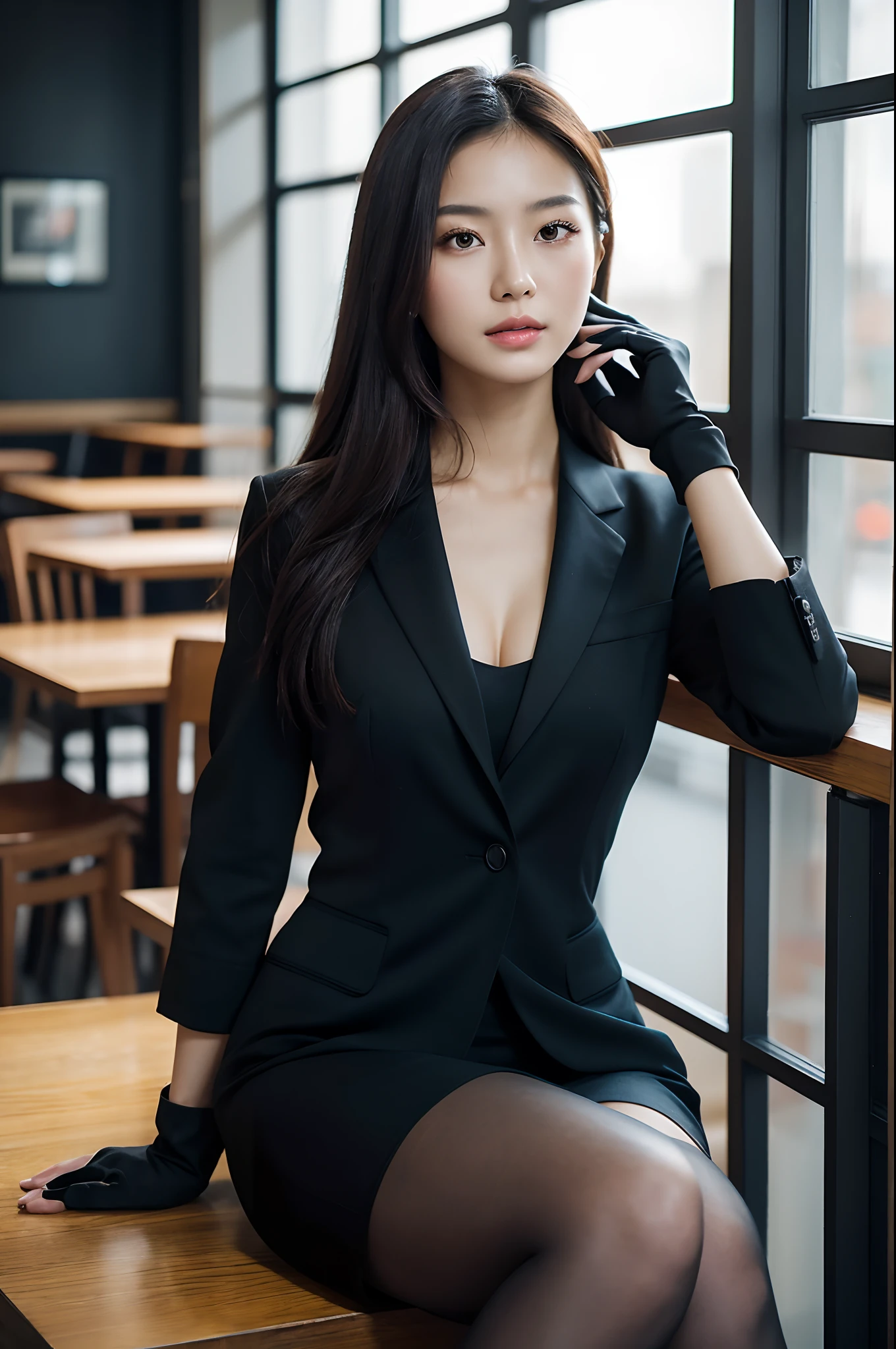 (masterpiece), (best quality), 8k resolution, 1girl, Asian girl, stunning beauty, perfect face, mature female, 20yo, sexy, sunny, sitting, autumn, indoor, in the cafe, business suit, bespoke, black gloves, cinematic, low key, old film color, film photography,