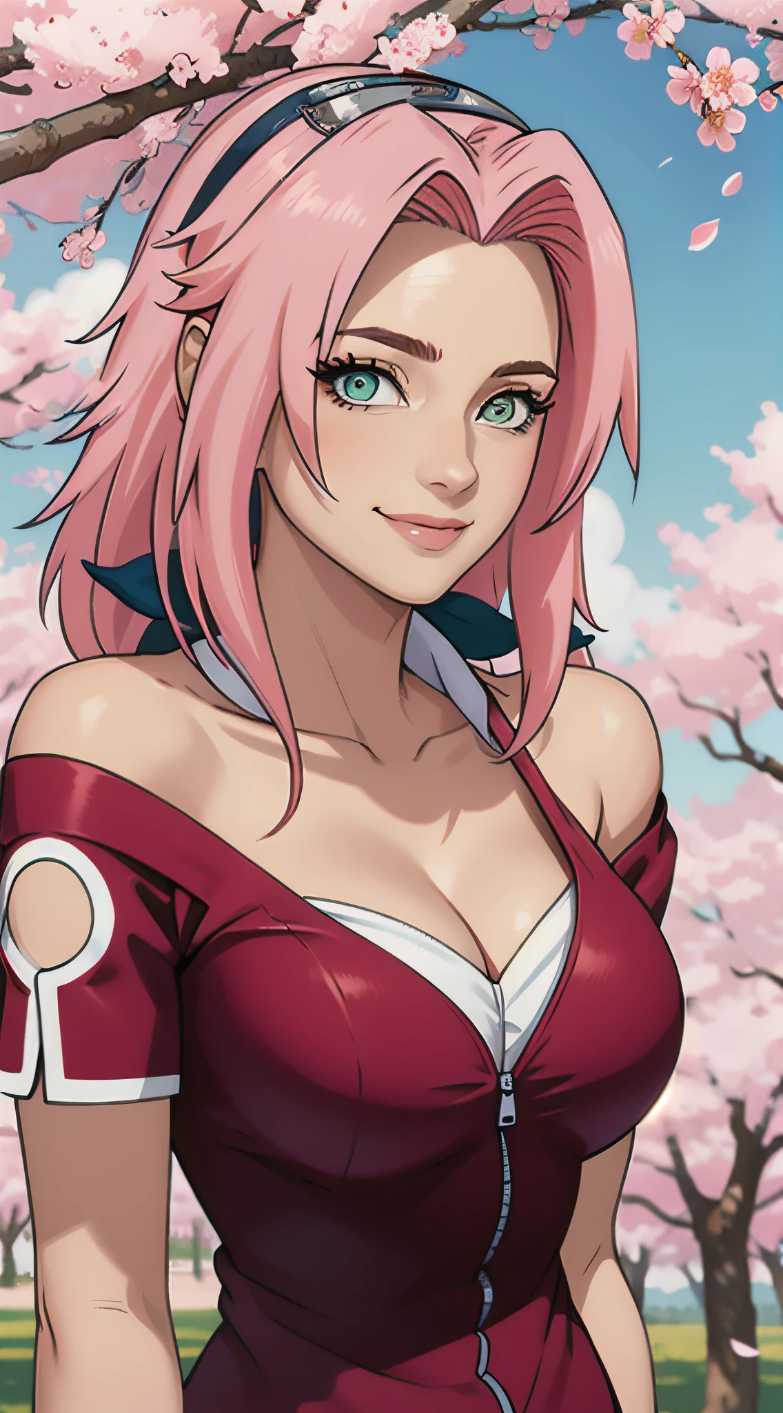 chef-d&#39;œuvre， La meilleure qualité au mieux， 1fille， Sakura Haruno， Gros seins，Tenue à épaules dénudées，（clivage)，（gros plan du haut du corps)，Élevé sexy，est timide，sourire，aux cheveux roses， cheveux longs et blancs， （Globes oculaires verts:1.4)， Protection du front， les cerisiers，Fleurs de cerisier volant，vêtements rouges，Demi-fermeture éclair