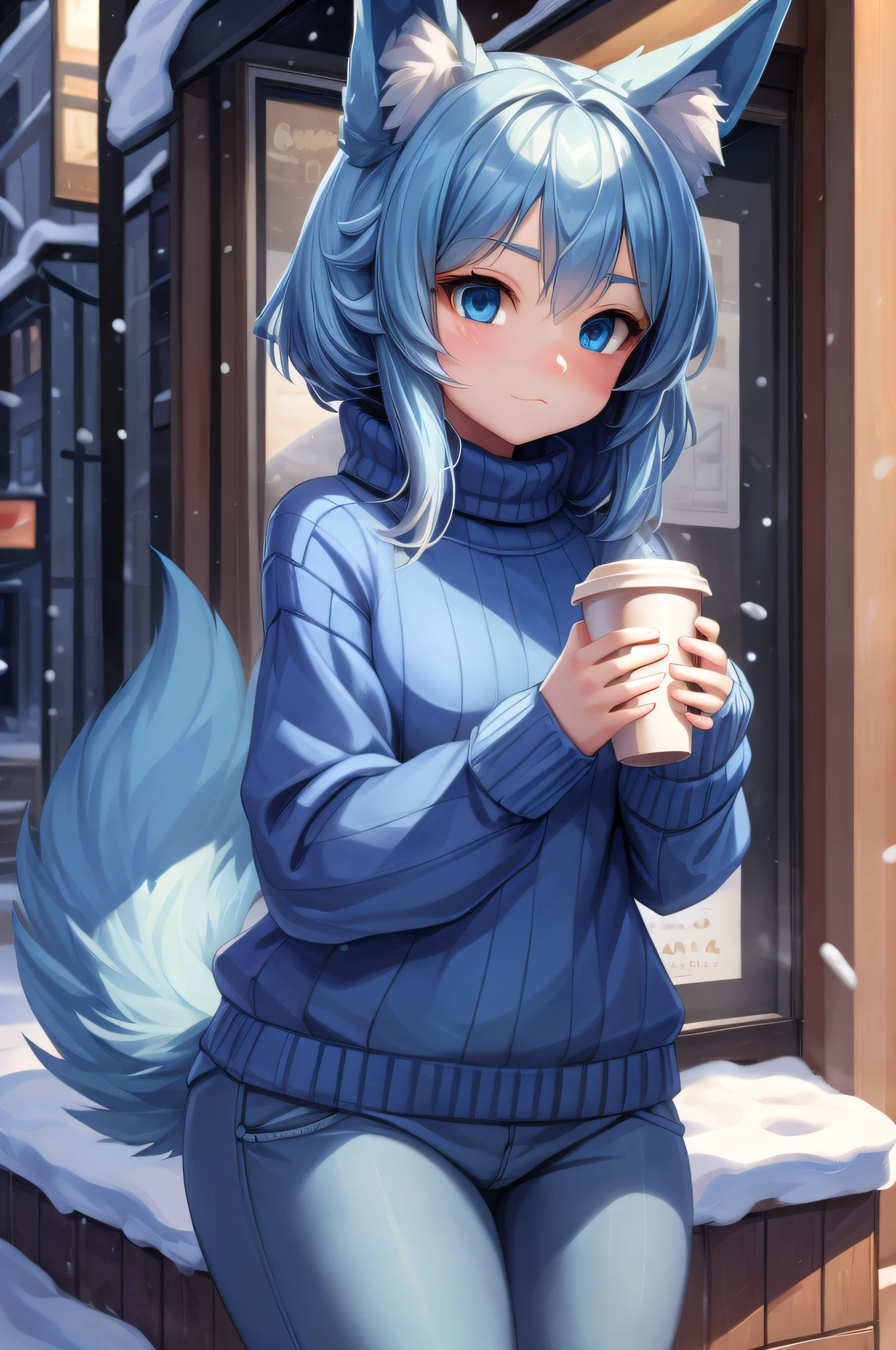 (Masterpiece) (High Detail) (High Res) A short petite humanoid girl with pale human skin and blue eyes and long blue hair and blue dog ears and a fluffy dog tail is wearing a turtleneck sweater and jeans, and is holding a cup of coffee outside a small coffee shop in the winter.