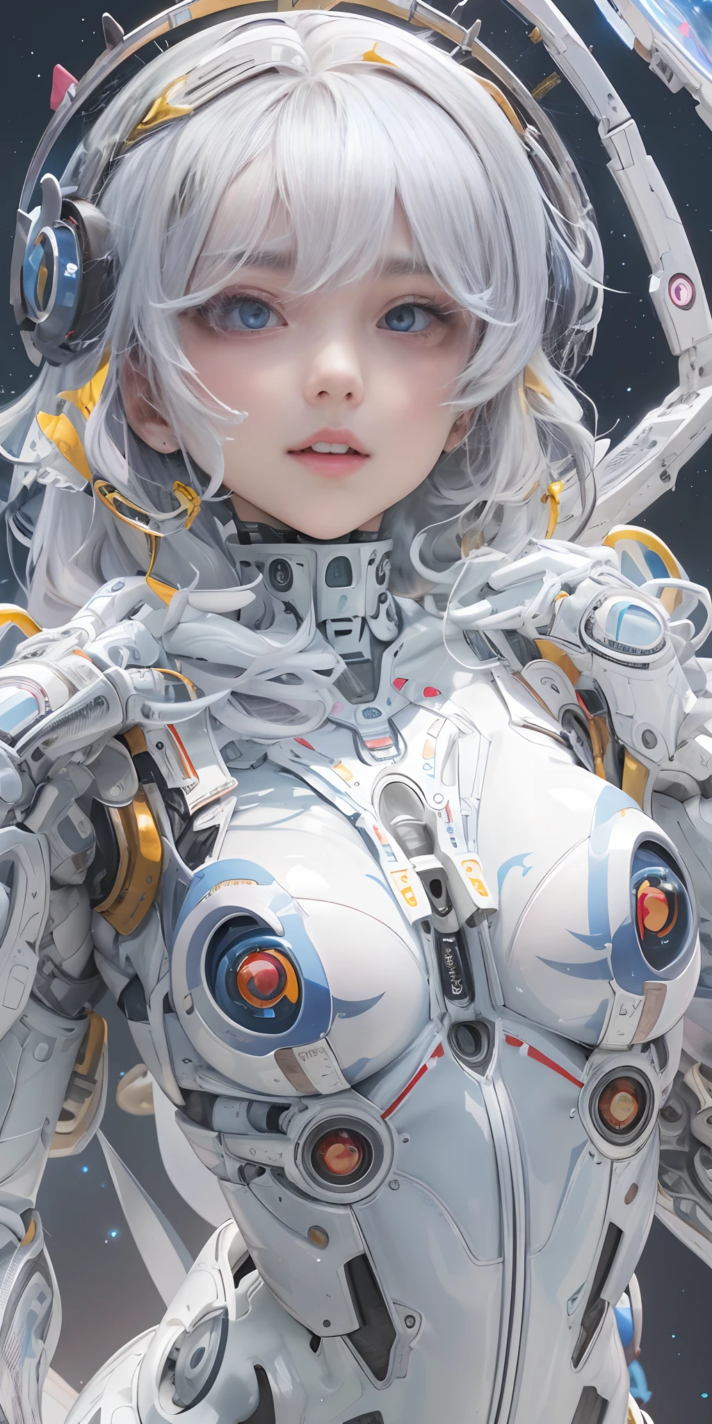 Super beautiful eyes、(top-quality:1.6)、(tmasterpiece:1.4)、intricately details、(Cute and gorgeous 20 year old Korean girl:1.3)、(1girll:1.3)、(Detailed sky:1.2)、(wearing white latex bodysuit:1.3)、angelicales、agilawood、(cybernetic halo:1.3)、(Small head:1.4)、(Large full breasts:1.2)、Detailed eye details pupil multiple eyes、panoramicshooting，Long-range shooting，fully body photo