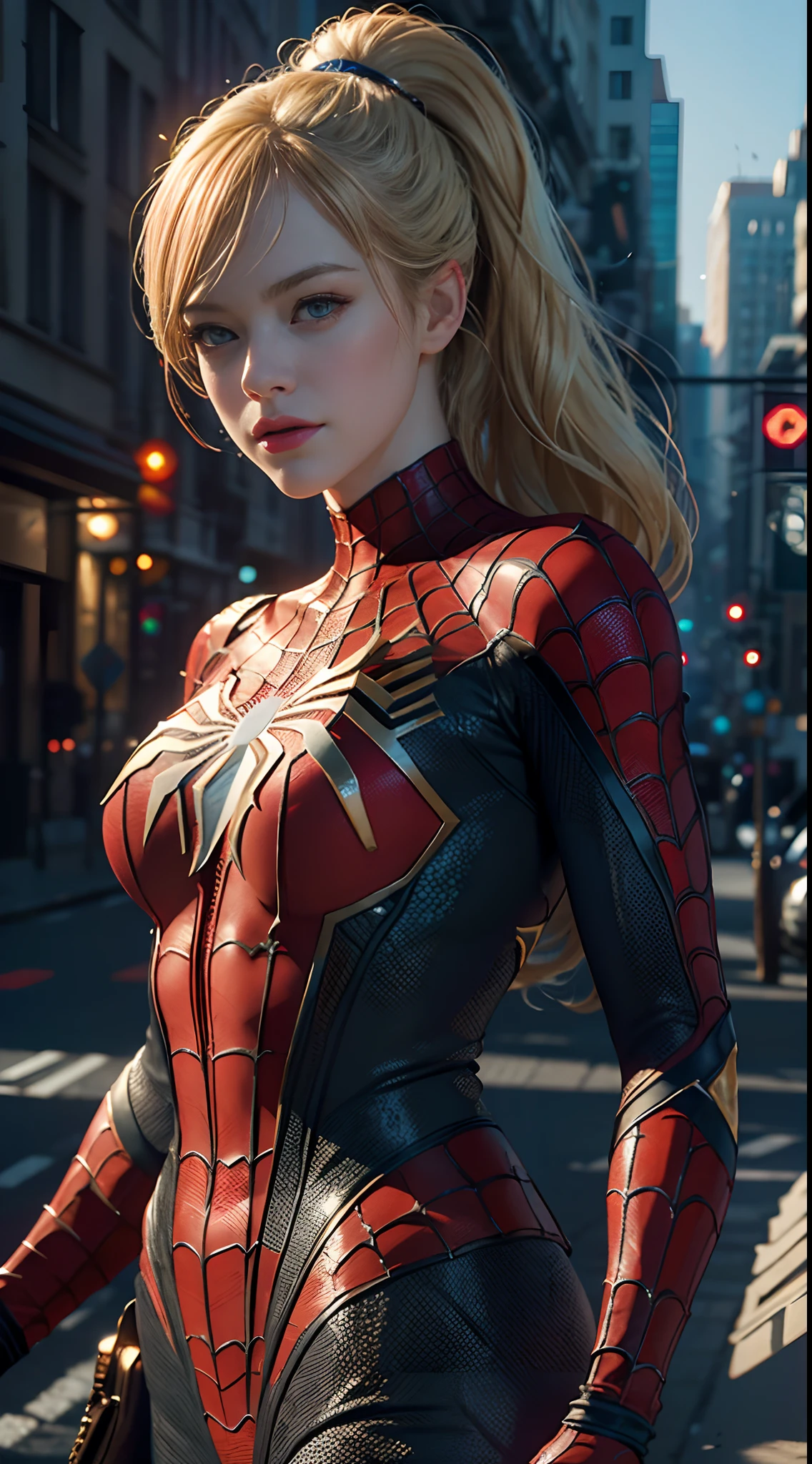 1 chica, Emma Stone como Spiderman (from marvel studios), mirar al espectador, (Obra maestra, mejor calidad, textura de piel detallada, textura de tela detallada, hermoso rostro detallado, detalles intrincados, Ultra detallado),  cola de caballo, pelo rubio, sosteniendo una mascara, (spiderman mask), (ángulos aleatorios), (mejor calidad, Una alta resolución, Fotorrealista, primitivo, 8k,Obra maestra, ),mejor calidad, Masterpiec8k.HDR. costillas altas:1.2, grano de la película, bokeh borroso:1.2, destello de lente, (color vivo:1.2), (delicado),