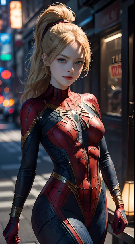 1girl, Emma Stone as spiderman (from marvel studios), look at viewer, (masterpiece, best quality, detailed skin texture, detailed cloth texture, beautiful detailed face, intricate details, ultra detailed),  Ponytail, blonde hair, holding a mask, (spiderman...