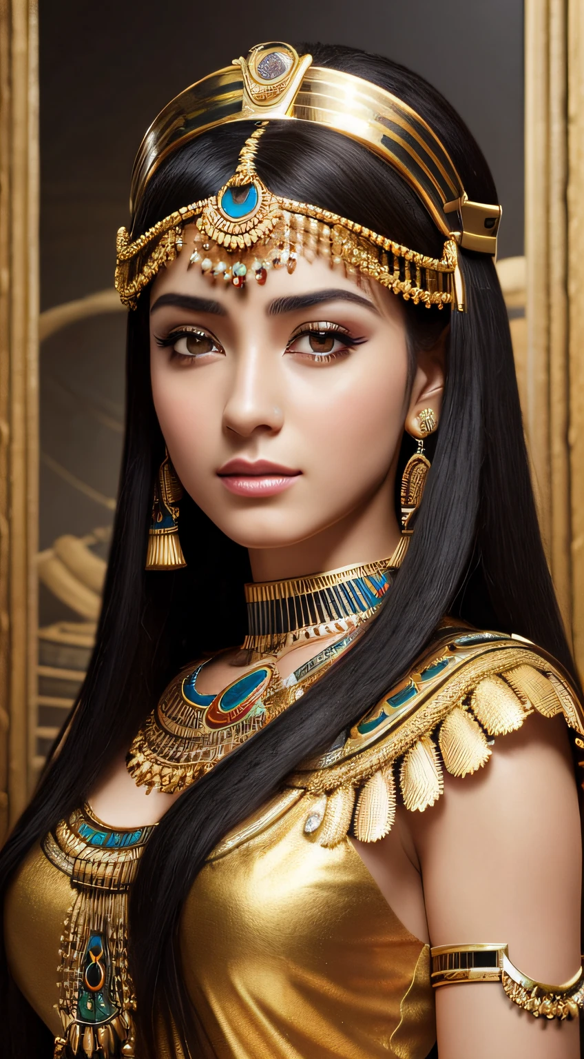 ((mejor calidad, 8K, mesa)), foto RAW, Retrato fotorrealista de Cleopatra, situación々vestimenta egipcia, cinematográfico, detalles, Visualmente impresionante, apariencia natural、​obra maestra, de primera calidad, alta calidad, alta resolución