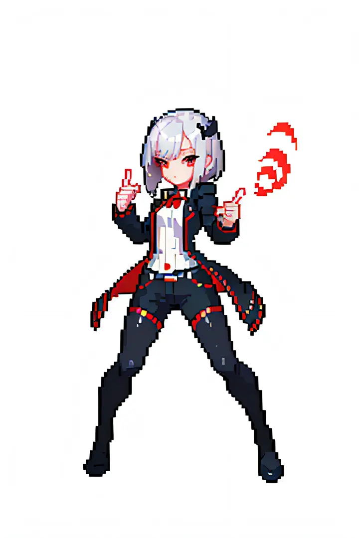(masterpiece, top quality, best quality, less detail, simple eyes drawing), pixel,pixel art,1girl,full body,attack pose, US style, poor jacket, game asset, red eyes, silver hair, vampire element
