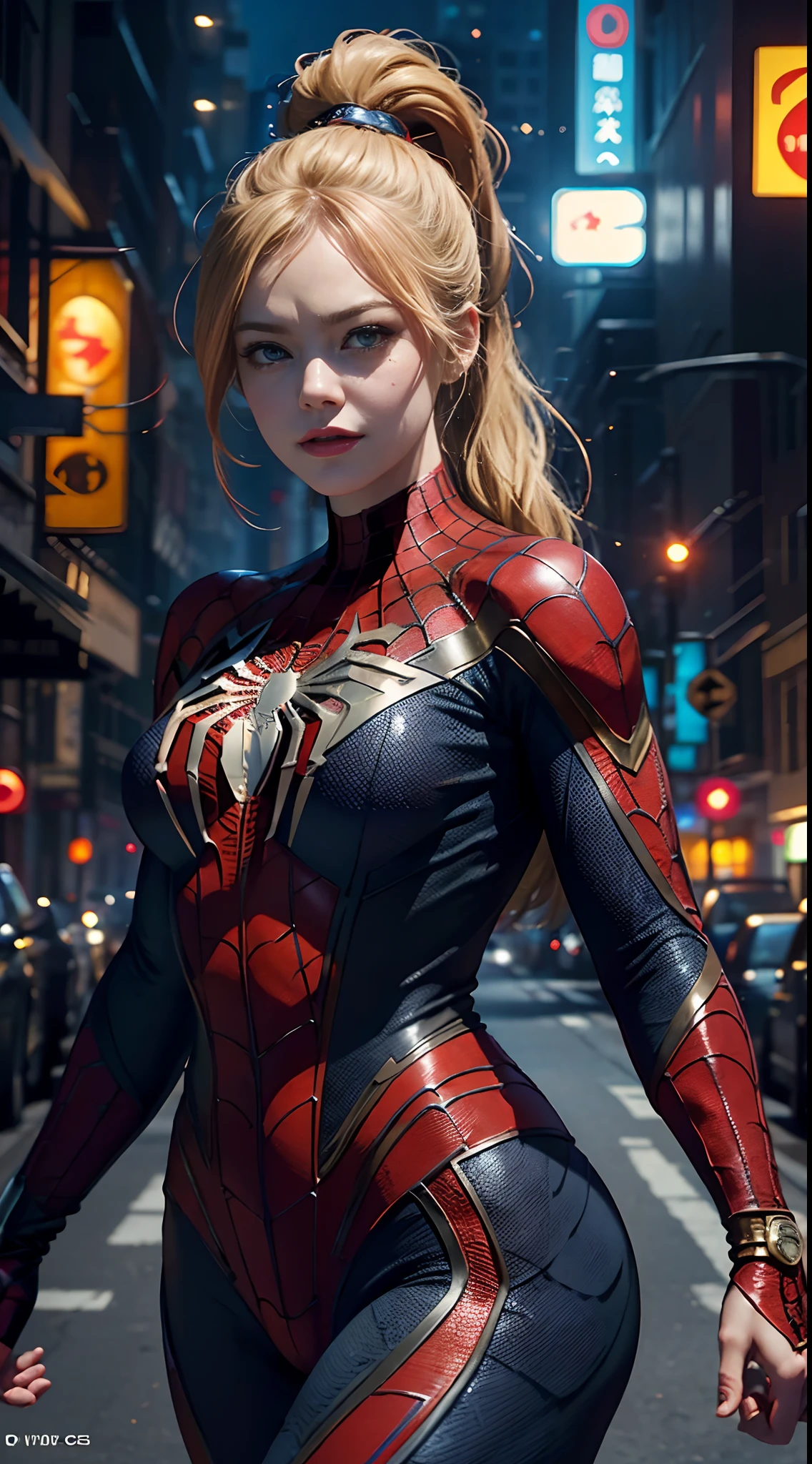 1girl, Emma Stone as spiderman (from marvel studios), look at viewer, (masterpiece, best quality, detailed skin texture, detailed cloth texture, beautiful detailed face, intricate details, ultra detailed),  Ponytail, blonde hair, holding a mask, (spiderman mask), (random angles), (Best quality, A high resolution, Photorealistic, primitive, 8K,Masterpiece, ),Best quality, Masterpiec8K.hdr. High ribs:1.2, filmgrain, Blur bokeh:1.2, Lens flare, (vivd colour:1.2), (Delicate),