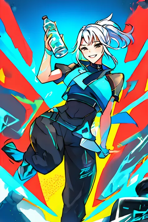 Jett /(Valorant/), video game like, woman, (front facing), best quality, smiling, holding GATORADE bottle, bottle in hand, energy drink, video game background, uplifting color scheme, female focus