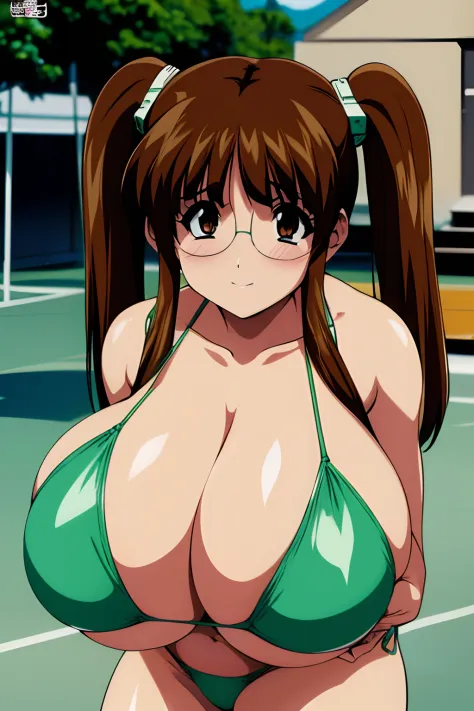 90s anime style、Anime cel drawing style, Manga style,First_Snow Light, ((Best Quality, High resolution)), Nagatiti,1girl in,Twin-tailed、Brown hair、Brown eyes、 (Huge breasts:1.3), (Green Bikini:1.4),  (eye glass:1.2),Beautiful face, (nose blush:1.2), lights...