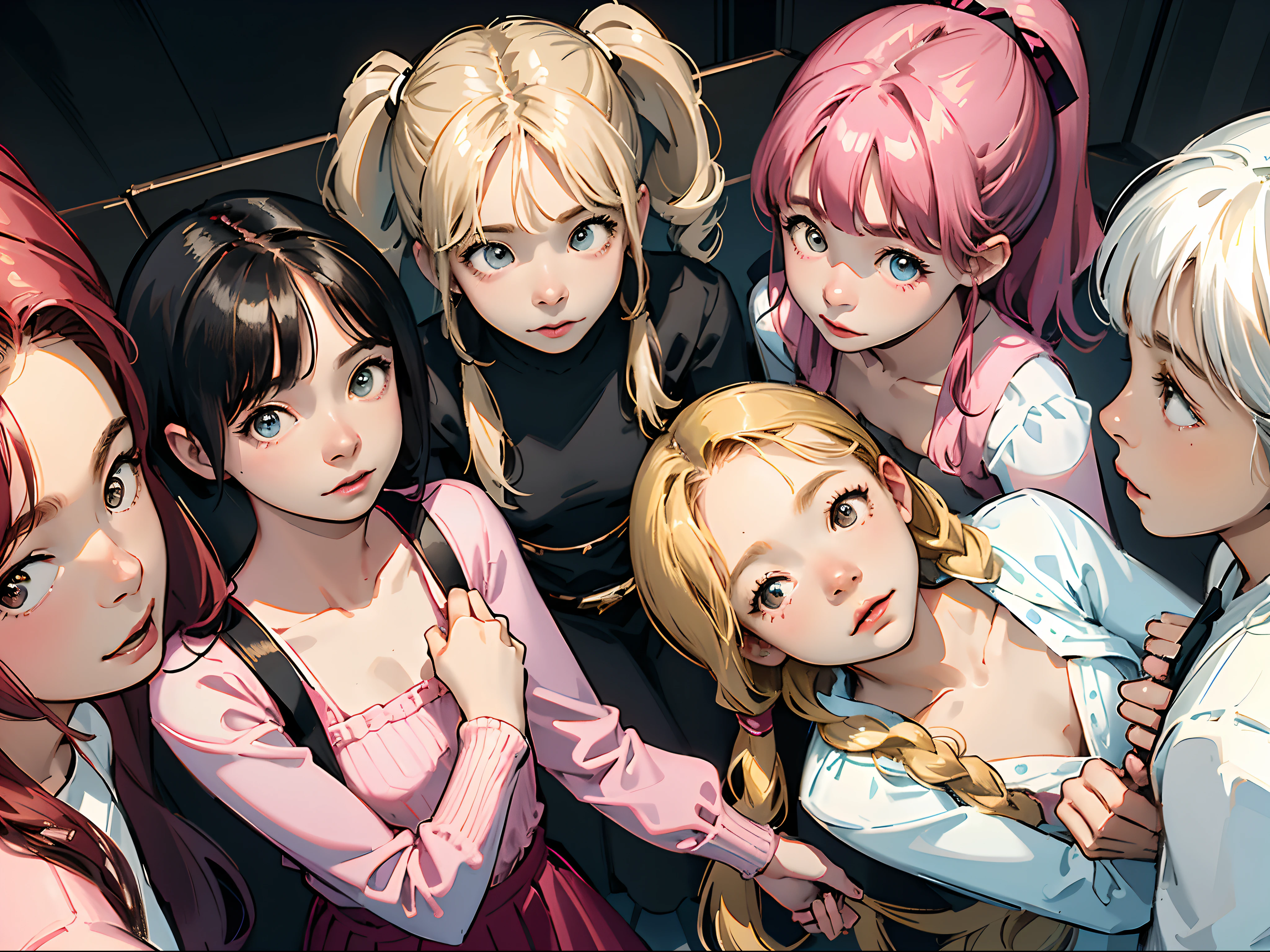 (Best Quality,4K,High resolution), Delicately expressed illustrations with realistic details，Gathering of 5 women＋selfee，Looking at the camera、Point the camera up，Staring at this、Smile，Red color clothes，（Black long straight hair），Yellow clothes，（ Brown bob hair）Blue color clothes，（short-haired and disheveled hair,,,,） pink color clothes，（ Beautiful with a pink ponytail），white colored clothes，（Blonde twintails），5 women of idol type，stage，Lively exterior，comic strip，animesque，Comical illustration，Cute illustrations delicately drawn in detail，Looking up at the camera from above