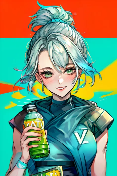 Jett /(Valorant/), video game like, woman, (front facing), best quality, smiling, holding GATORADE bottle, bottle in hand, energy drink, video game background, uplifting color scheme, female focus