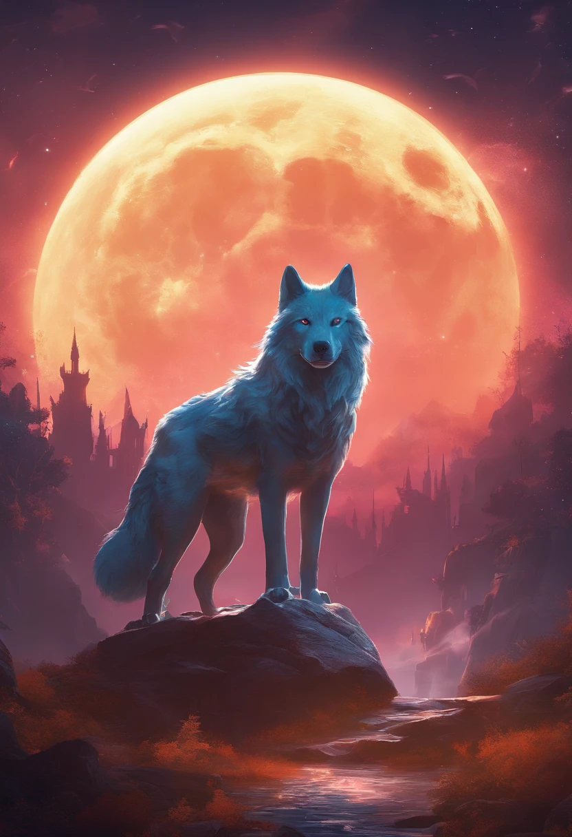 Create a captivating logo design，There is an evil wolf in the foreground, Bask in the eerie glow of the full moon in the background. The wolf should exude a vicious feeling, With sharp, Menacing characteristic. Surround the scene with a mysterious aura, And merge
 Subtle elements of darkness and mystery.4K resolution.using Cinema 4D.Fantasy art.Focus on character .
