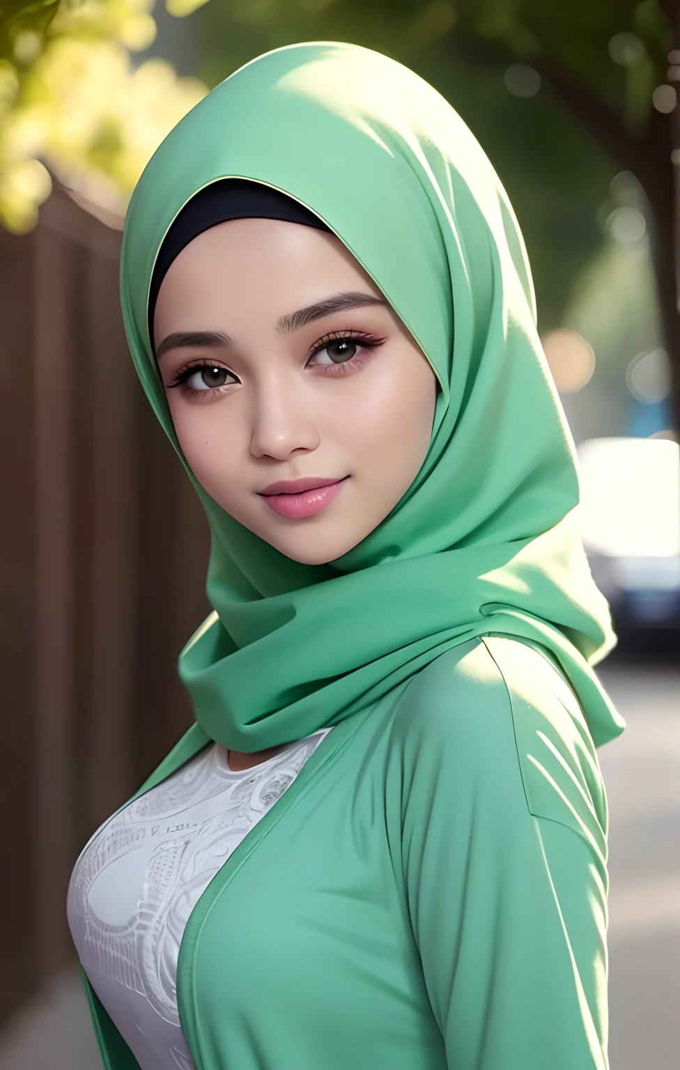 A close up of a woman wearing a green hijab - SeaArt AI