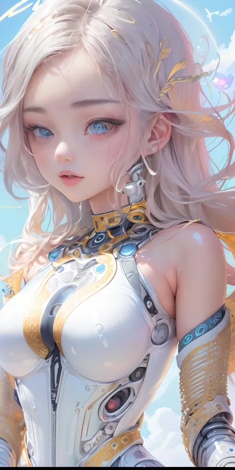 Super beautiful eyes、(top-quality:1.6)、(tmasterpiece:1.4)、intricately details、(Cute and gorgeous 20 year old Korean girl:1.3)、(1girll:1.3)、(Detailed sky:1.2)、(wearing white latex bodysuit:1.3)、angelicales、agilawood、(cybernetic halo:1.3)、(Small head:1.4)、(L...