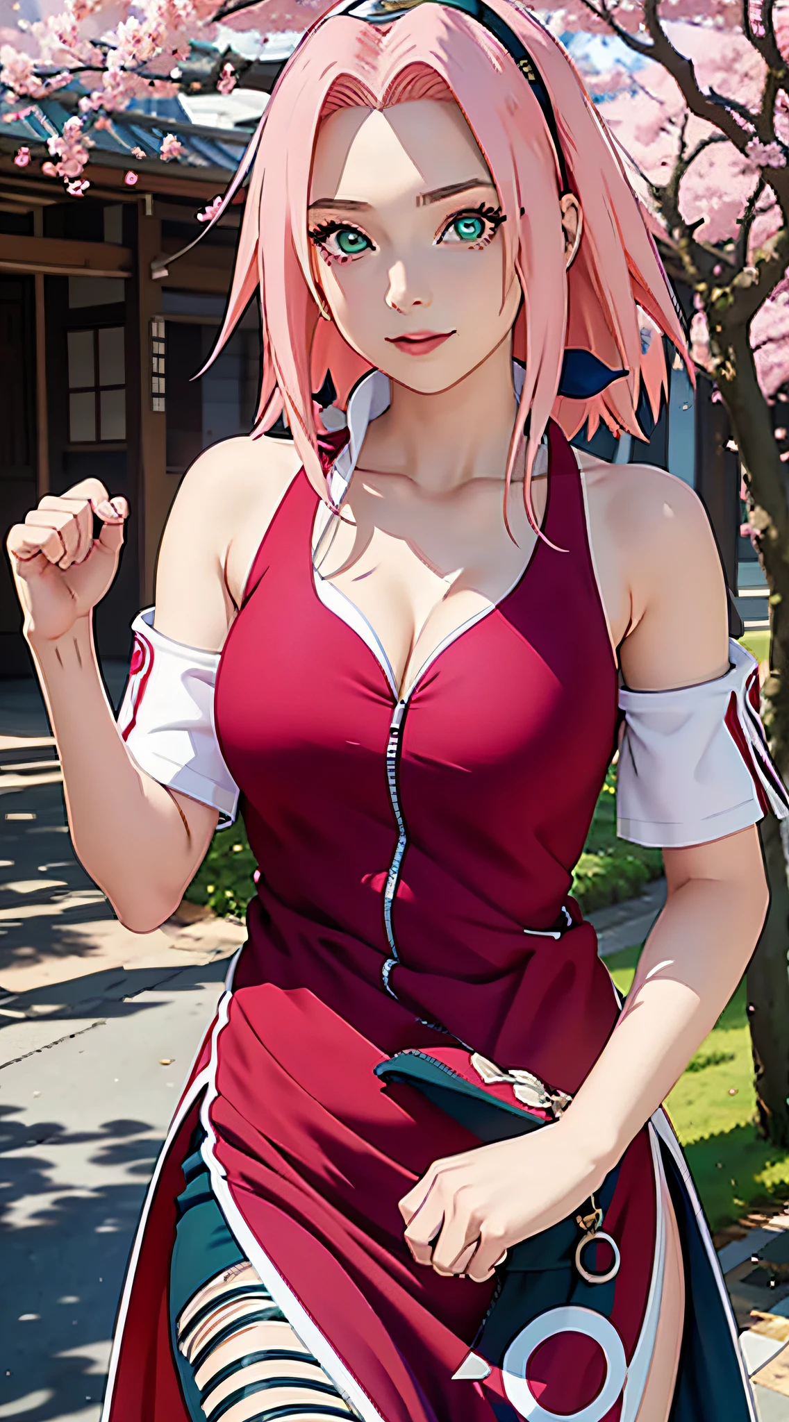 tmasterpiece， Best quality at best， 1girll， Sakura Haruno， Large  breasts，Off-the-shoulder attire，（cleavage)，（upperbody closeup)，Raised  sexy，is shy，ssmile，with pink hair， long whitr hair， （Green eyeballs:1.4)，  Forehead protection， the ...