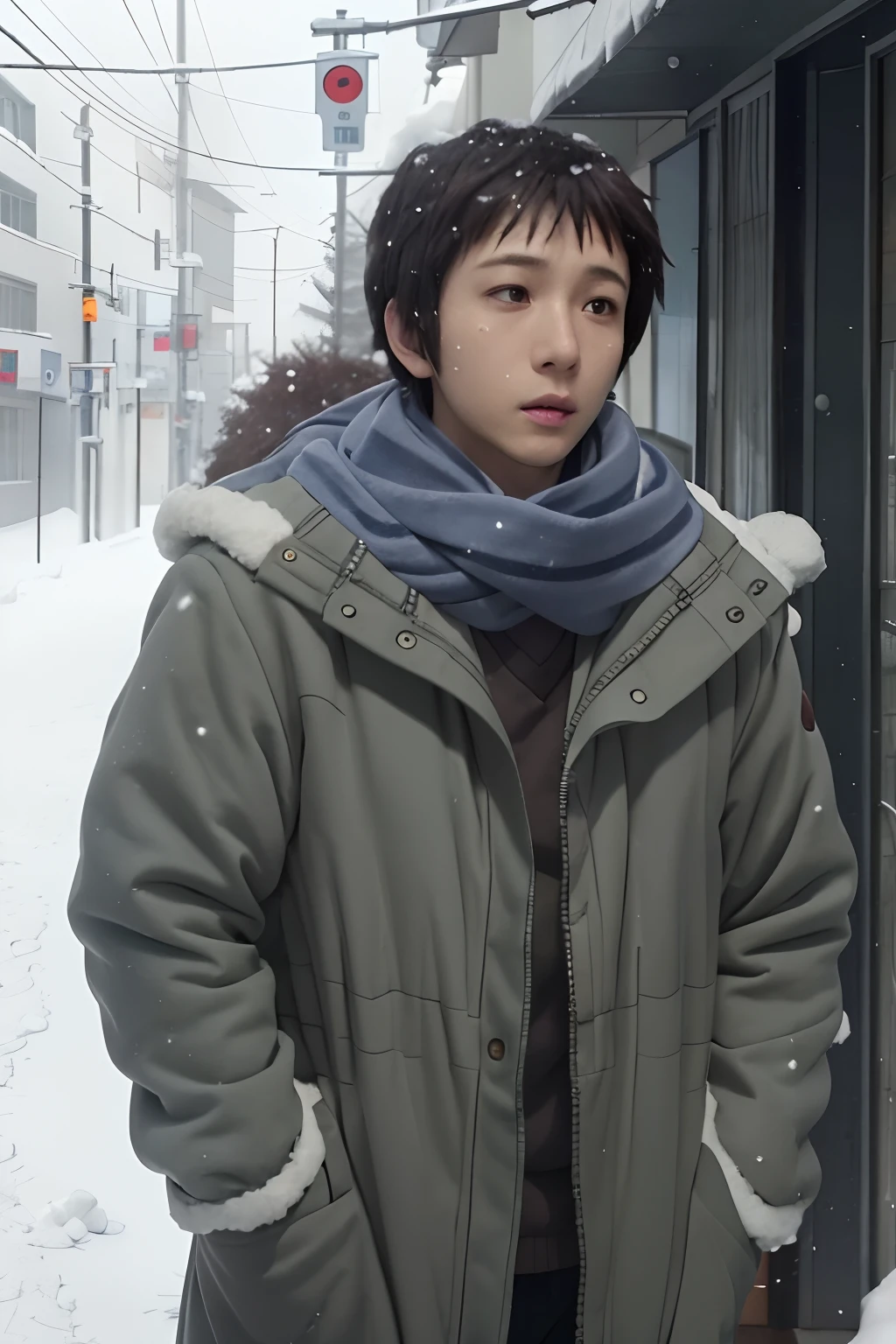 Kyon, upper body, coat,scarf, open clothes, open jacket, close, winter, snowing,snow, street, visible breath, looking at the viewer, realistic, photo, teenage Japanese male