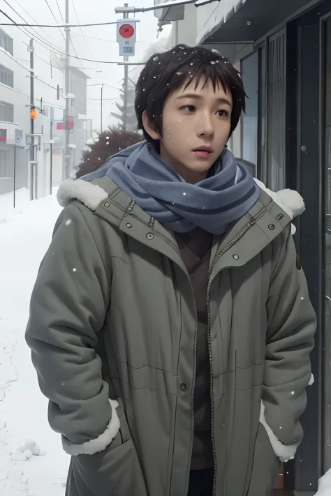 Kyon, upper body, coat,scarf, open clothes, open jacket, close, winter, snowing,snow, street, visible breath, looking at the vie...