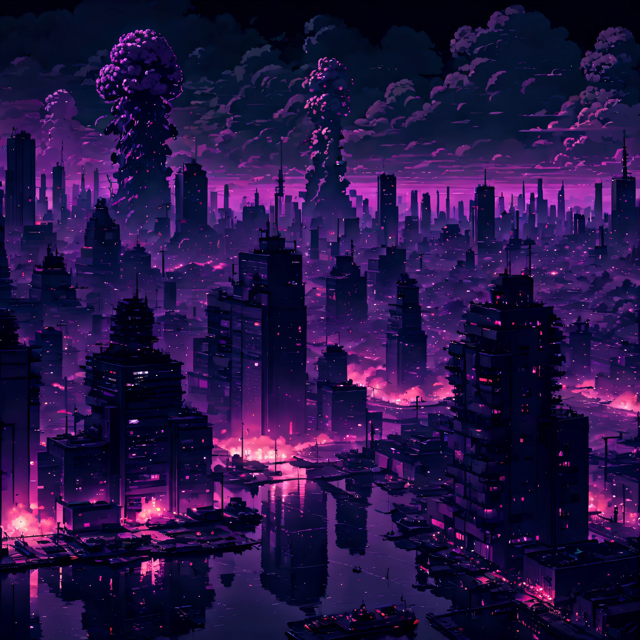 (Best quality,4K,8K,A high resolution,Masterpiece:1.2),Deep black purple,Color scheme:1.4),A huge cluster of cities with a Soviet aesthetic，,Nuclear explosions and nuclear bomb explosions,creating a surreal ambiance. A city bathed in moonlight, Cast an eerie glow on the smoke hovering in the air.pixelart