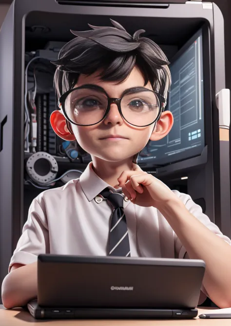 Best quality, 8K,1boys, wears glasses，Black glasses frame，Computer，tdraw，