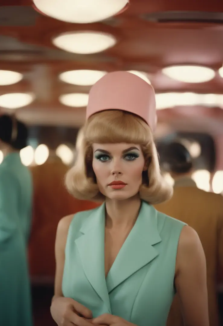 8k portrait of a 1960s science fiction movie by Wes Anderson, Vogue 1960s, Pastel colors, Person in extravagant retro fashion outfit wearing strange futuristic mask々and the town has、There are men and women in old decorations with alien makeup and mechanica...