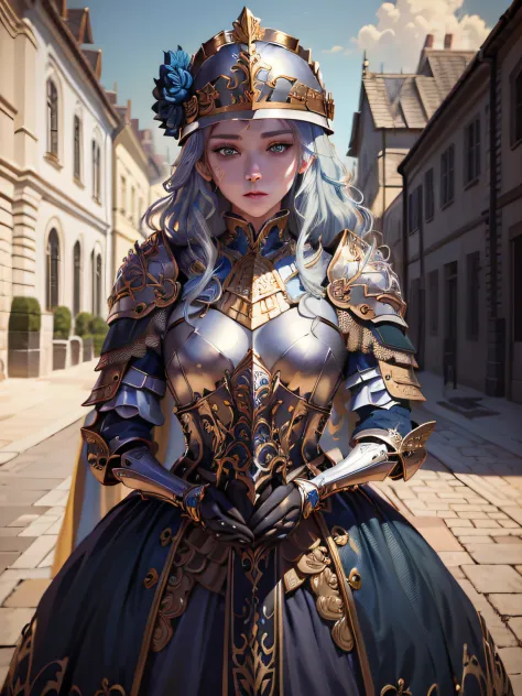 ((top-quality))、((​masterpiece))、(ighly detailed:1.3)、woman in gold and white armor、blue eyess、length hair、blue hairs、helmet in ...