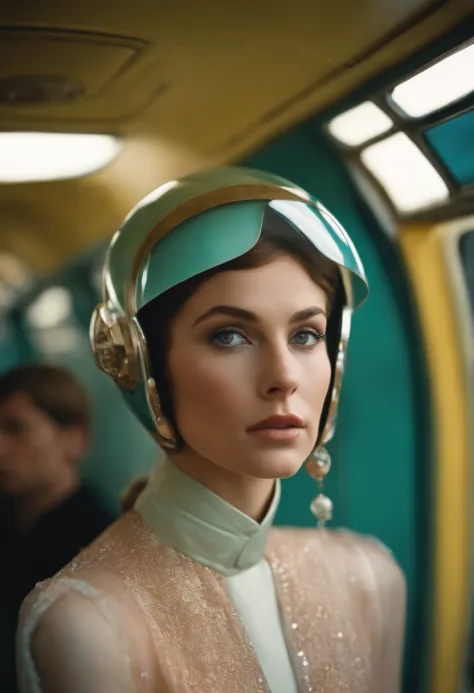 1960s science fiction 4k portraits by Wes Anderson, Vogue 1960s, pastel colors, man with fish mask in weird retro futuristic costume and woman in glass helmet and techno adornments on bus, natural light, psychedelia, weird futurist Tags: blurred, photo rea...