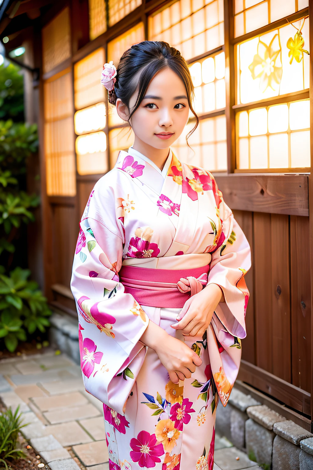 Beautiful woman, (wearing pink floral kimono_clothes: 1.3), holiday, Kanazawa Kenrokuen,
Good hands, 4K, high resolution, masterpiece, top quality, head: 1.3, (((Hasselblad photo)), big, fine skin, sharp focus, (movie lighting), night, soft lighting, dynamic angle, [:( detail face: 1.2]: 0.2], outside,