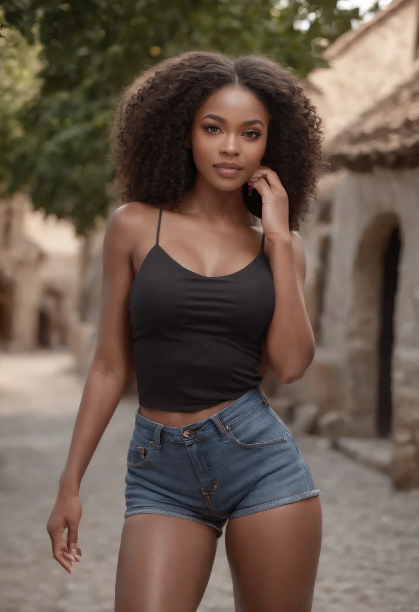 A woman with a black top and denim shorts posing for a picture - SeaArt AI