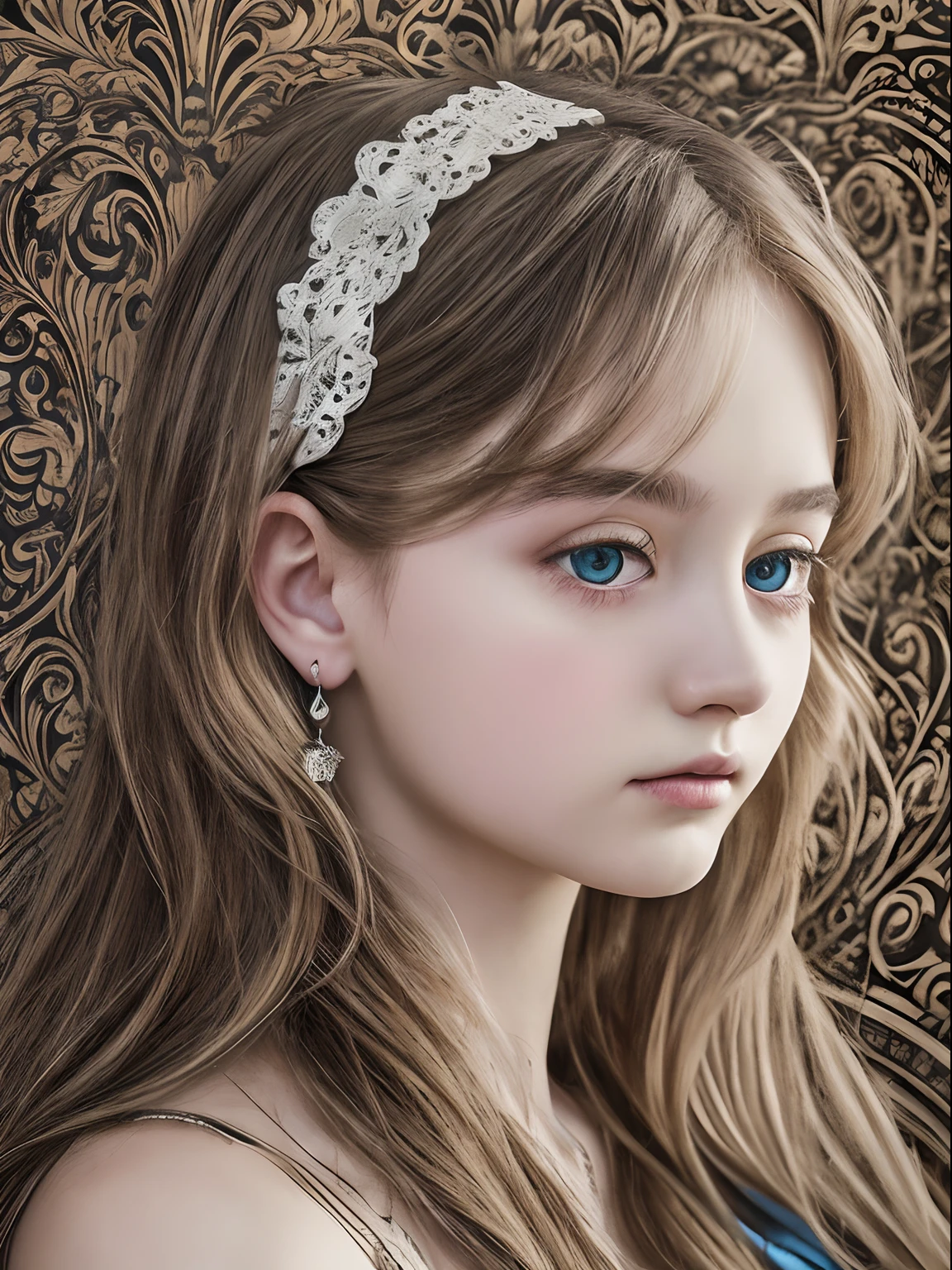 Best quality, Masterpiece, high resolution, Original, highly detailed wallpaper, Beauty, baroque period, dress, Sad, Small face、teens girl、Real Human、Authentic、blond、Blue eyes、Foreigner、Old photos，Nostalgia，Dark style，Dark style、Melancholy