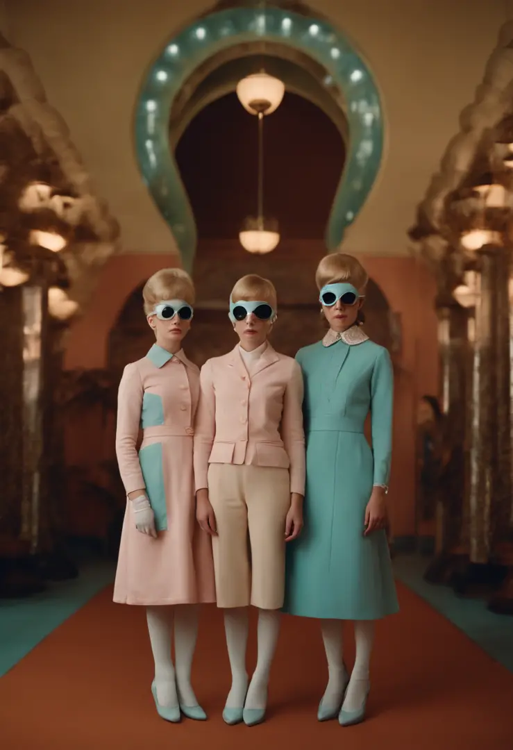 1960s science fiction 4k portrait by Wes Anderson, Vogue 1960s, Pastel colors, Holding hands with twin girls in weird retro futuristic costumes、Family photo of parents wearing futuristic masks Tags: Blurred, photos realistic, Hyper-detailing, Sharp Focus, ...