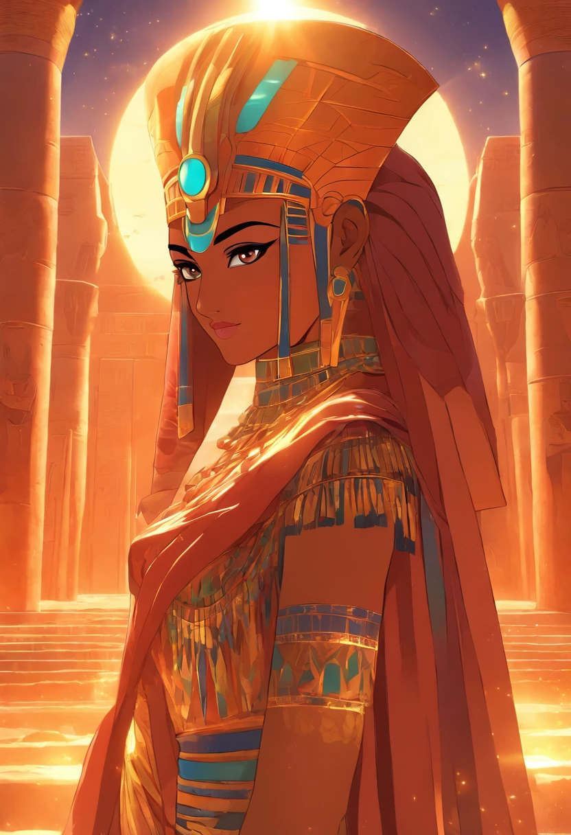 ((Hathor solar adornment))) best quality, very high resolution, 4K detailed CG, masterpiece, Egyptian mythology, Hathor, woman, sun in the background, Ancient Egypt, standing pose, orange clothes, Egyptian clothes, Egyptian temple , desert, Ancient Egypt, ((standing pose)), Egyptian palace, aesthetics, beautiful image, centered on screen, full body