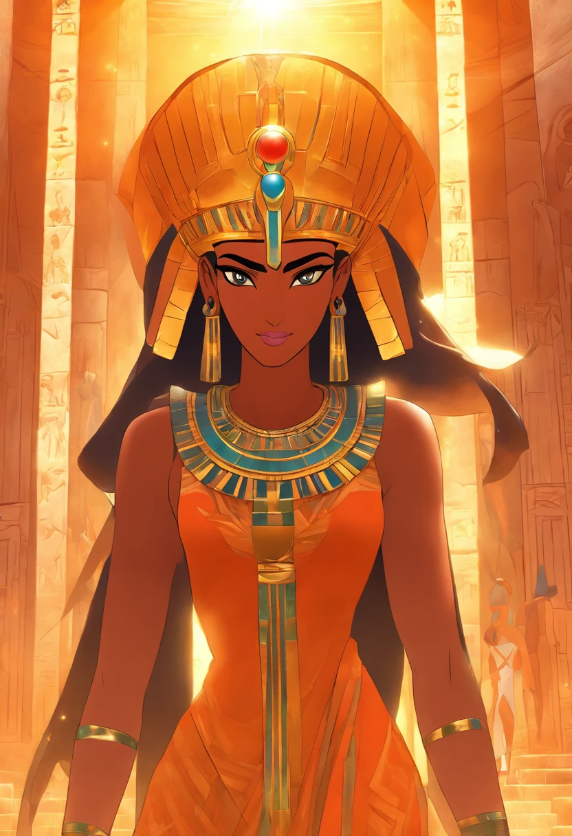 ((Hathor solar adornment))) best quality, very high resolution, 4K detailed CG, masterpiece, Egyptian mythology, Hathor, woman, sun in the background, Ancient Egypt, standing pose, orange clothes, Egyptian clothes, Egyptian temple , desert, Ancient Egypt, ((standing pose)), Egyptian palace, aesthetics, beautiful image, centered on screen, full body