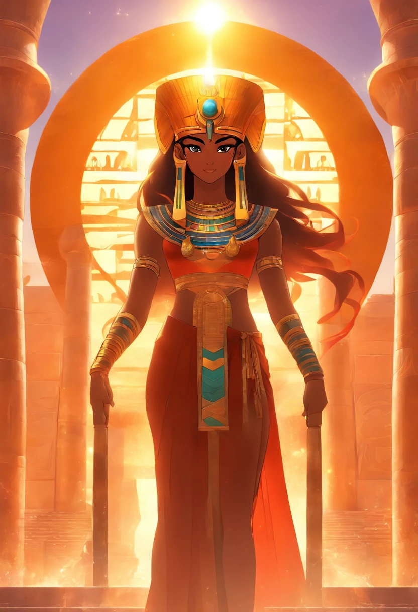 ((Hathor solar adornment))) best quality, very high resolution, 4K detailed CG, masterpiece, Egyptian mythology, Hathor, woman, sun in the background, Ancient Egypt, standing pose, orange clothes, Egyptian clothes, Egyptian temple , desert, Ancient Egypt, ((standing pose)), Egyptian palace, aesthetics, beautiful image, centered on screen, full body