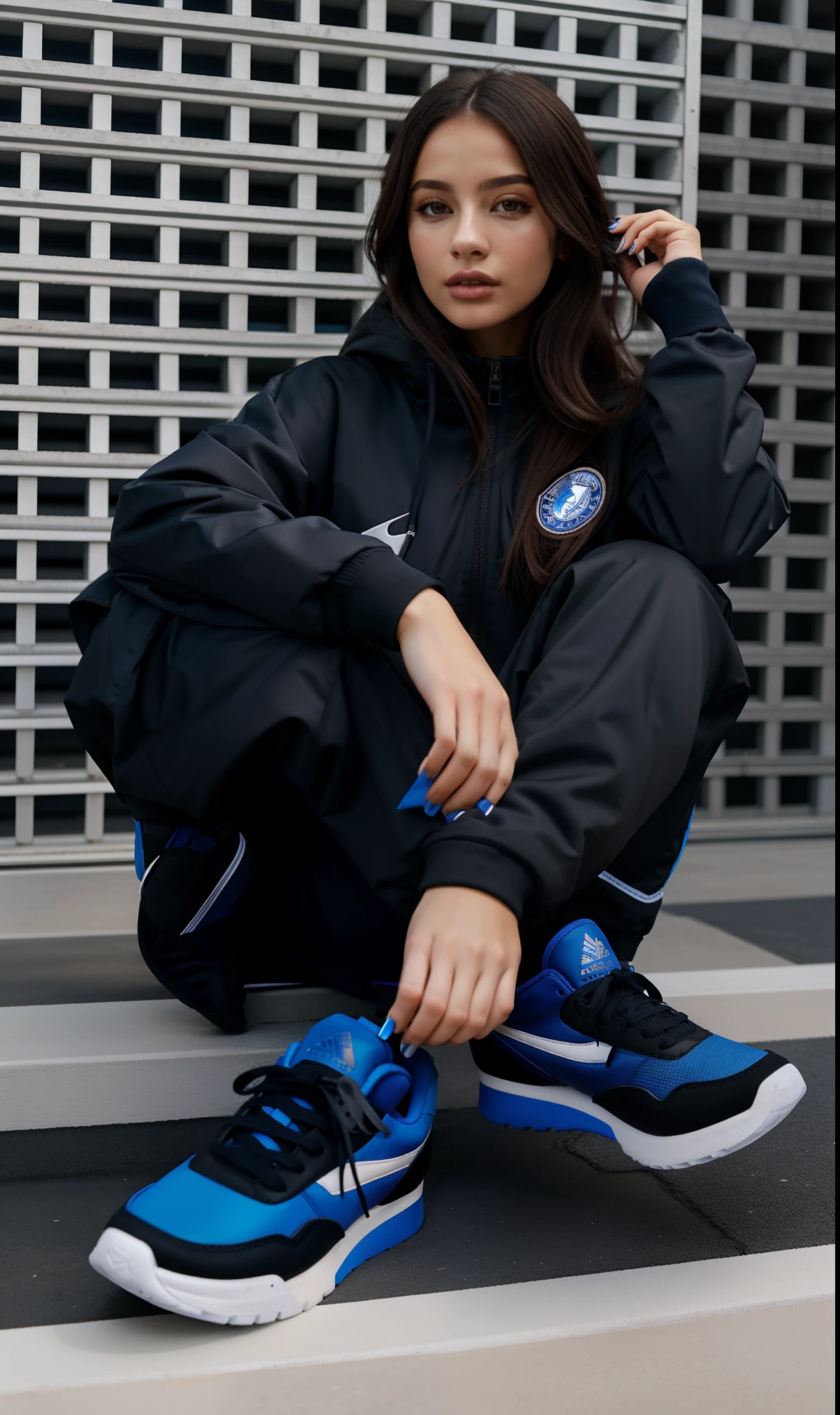 Arafed woman sitting on the floor in a black and blue outfit, black and blue, blue and black, sneaker photo, blue footwear, photograph of a techwear woman, 2 techwear women, Retrato Sophie Mudd, wearing a tracksuit, Dark blue and nearby, mid shot portrait, wearing a track suit, style of julia razumova, sneaker