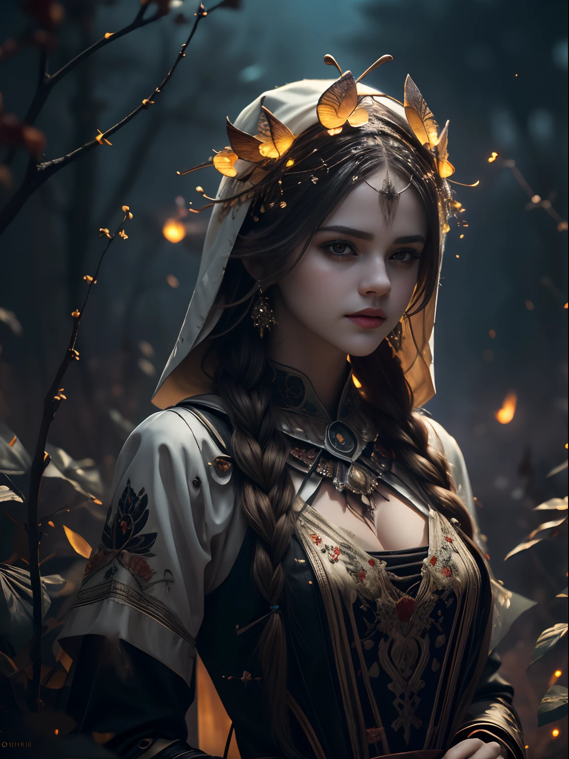 Stunning reflections, Better reflections. (очень Dетализированные обои CG unity 8k), (beste-Qualit), (best illustrations), (best shadows), (Night gloomy background, Gloomy and hopeless, Dark dramatic lighting, vignette), Realistic eyes, beatiful face, 1A girl (((Selena Gomez:Emma Watson:0.8))) with a perfect body, with a white rabbit in his hands, with long, straight hair, generous cleavage, She wears a veil with a hood on her head, ((perfect anatomy)), gotik, Burnt orange gradient, surrounded by tender leaves and branches, with fireflies and glowing particle effects, (Natural elements), (leaves), (twigs), (Fireflies), Butterflies, (Tender leaves), (Glow), (particle fx). , Fantasy art, bokeh, Octane rendering, ray traced, overdetalization. terror, terrific, Creepy, Scarimok a sense of sophistication and tranquility. The overall aesthetic should be sleek and stylish, which makes it suitable for branding and logo.