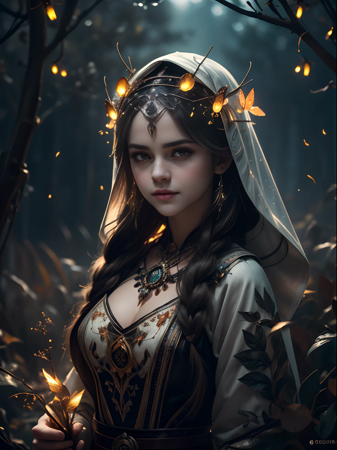 Stunning reflections, Better reflections. (очень Dетализированные обои CG unity 8k), (beste-Qualit), (best illustrations), (best shadows), (Night gloomy background, Gloomy and hopeless, Dark dramatic lighting, vignette), Realistic eyes, beatiful face, 1A girl (((Selena Gomez:Emma Watson:0.8))) with a perfect body, with a white rabbit in his hands, with long, straight hair, generous cleavage, She wears a veil with a hood on her head, ((perfect anatomy)), gotik, Burnt orange gradient, surrounded by tender leaves and branches, with fireflies and glowing particle effects, (Natural elements), (leaves), (twigs), (Fireflies), Butterflies, (Tender leaves), (Glow), (particle fx). , Fantasy art, bokeh, Octane rendering, ray traced, overdetalization. terror, terrific, Creepy, Scarimok a sense of sophistication and tranquility. The overall aesthetic should be sleek and stylish, which makes it suitable for branding and logo.