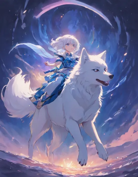 Girl riding a white wolf，white color hair，16 yaers old，dream magical，A lake under the stars（Extremely clear）Pink eyes，Phoenix against the backdrop，Coercion，gentleness