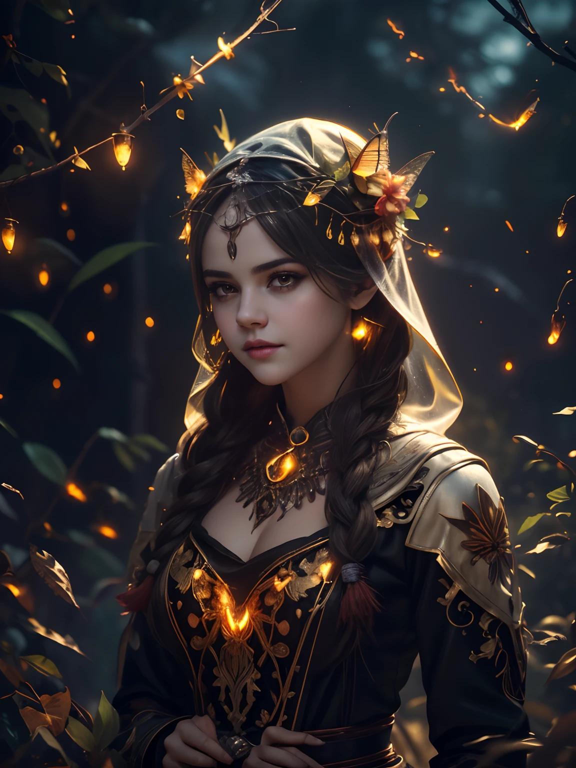 Stunning reflections, Better reflections. (очень Dетализированные обои CG unity 8k), (beste-Qualit), (best illustrations), (best shadows), (Night gloomy background, Gloomy and hopeless, Dark dramatic lighting, vignette), Realistic eyes, beatiful face, 1A girl (((Selena Gomez:Emma Watson:0.8))) with a perfect body, with a white rabbit in his hands, with long, straight hair, generous cleavage, She wears a veil with a hood on her head, ((perfect anatomy)), gotik, Burnt orange gradient, surrounded by tender leaves and branches, with fireflies and glowing particle effects, (Natural elements), (leaves), (twigs), (Fireflies), Butterflies, (Tender leaves), (Glow), (particle fx). , Fantasy art, bokeh, Octane rendering, ray traced, overdetalization. terror, terrific, Creepy, Scarimok a sense of sophistication and tranquility. The overall aesthetic should be sleek and stylish, which makes it suitable for branding and logo.