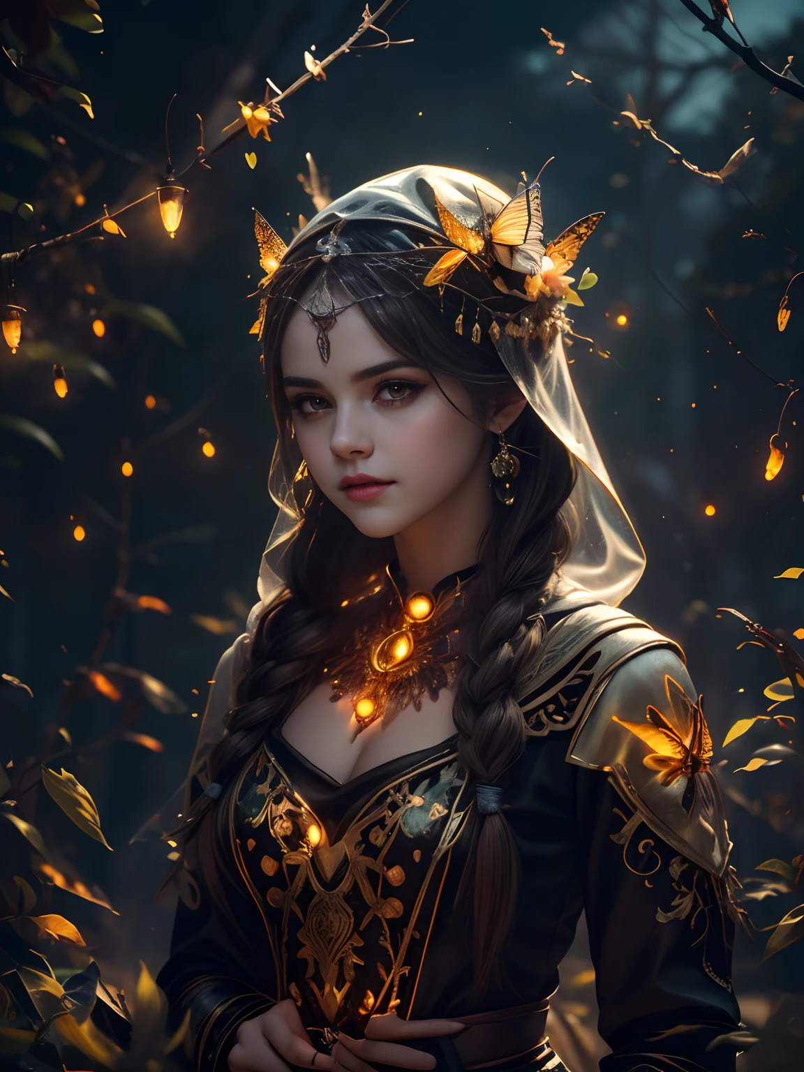 Stunning reflections, Better reflections. (очень Dетализированные обои CG unity 8k), (beste-Qualit), (best illustrations), (best shadows), (Night gloomy background, Gloomy and hopeless, Dark dramatic lighting, vignette), Realistic eyes, beatiful face, 1A girl (((Selena Gomez:Emma Watson:0.8))) with a perfect body, with a white rabbit in his hands, with long, straight hair, generous cleavage, She wears a veil with a hood on her head, ((perfect anatomy)), gotik, Burnt orange gradient, surrounded by tender leaves and branches, with fireflies and glowing particle effects, (Natural elements), (leaves), (twigs), (Fireflies), Butterflies, (Tender leaves), (Glow), (particle fx). , Fantasy art, bokeh, Octane rendering, ray traced, overdetalization. terror, terrific, Creepy, Scarimok a sense of sophistication and tranquility. The overall aesthetic should be sleek and stylish, which makes it suitable for branding and logo.