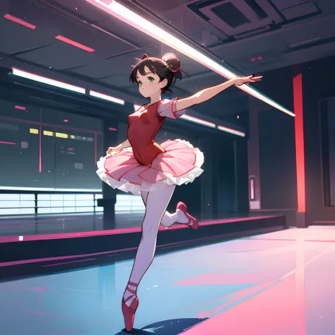 a cute 15 years old japaneese girl doing ballet, drawn in anime style, full body view, futuristic, y2k aesthetic, sci-fi, jade g...